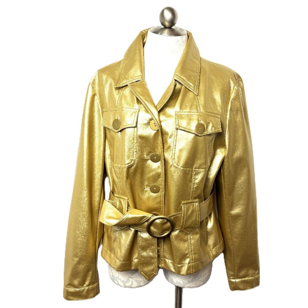 D.F.A. New York Gold Faux Leather Biker Jacket with Belt Size XL